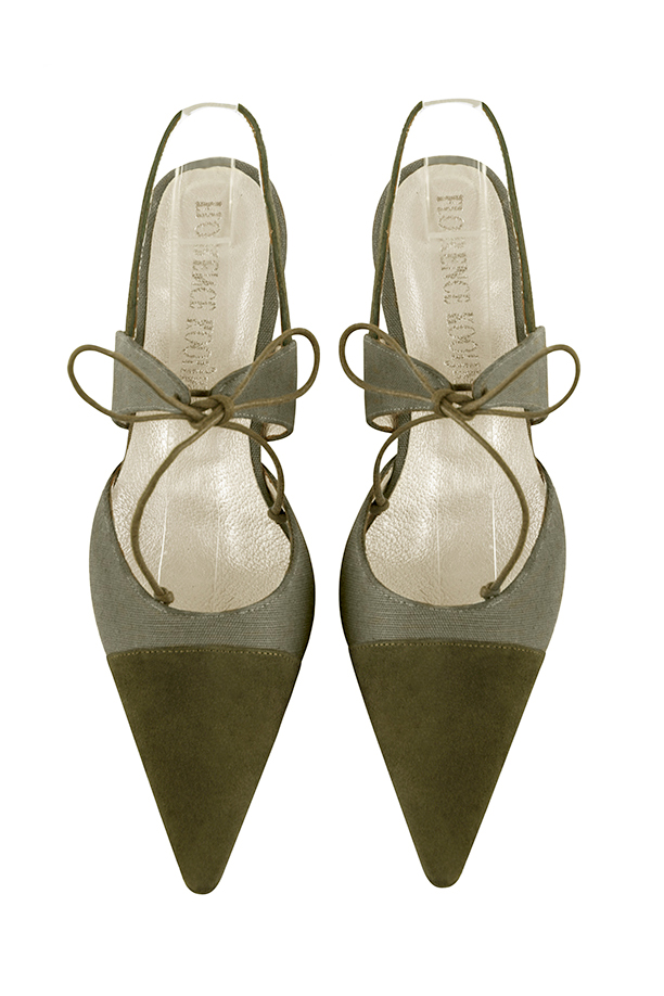 Khaki green women's open back shoes, with an instep strap. Pointed toe. Low comma heels. Top view - Florence KOOIJMAN